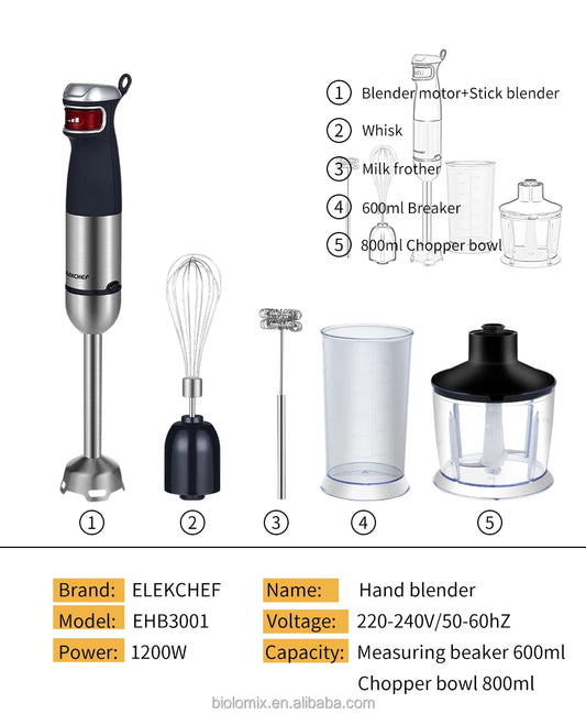 Multifunction 5 in 1 Electric Immersion Mixer Food Processor Chopper Portable Hand Mixer Mini Blender 1200W Ice Smoothie Maker