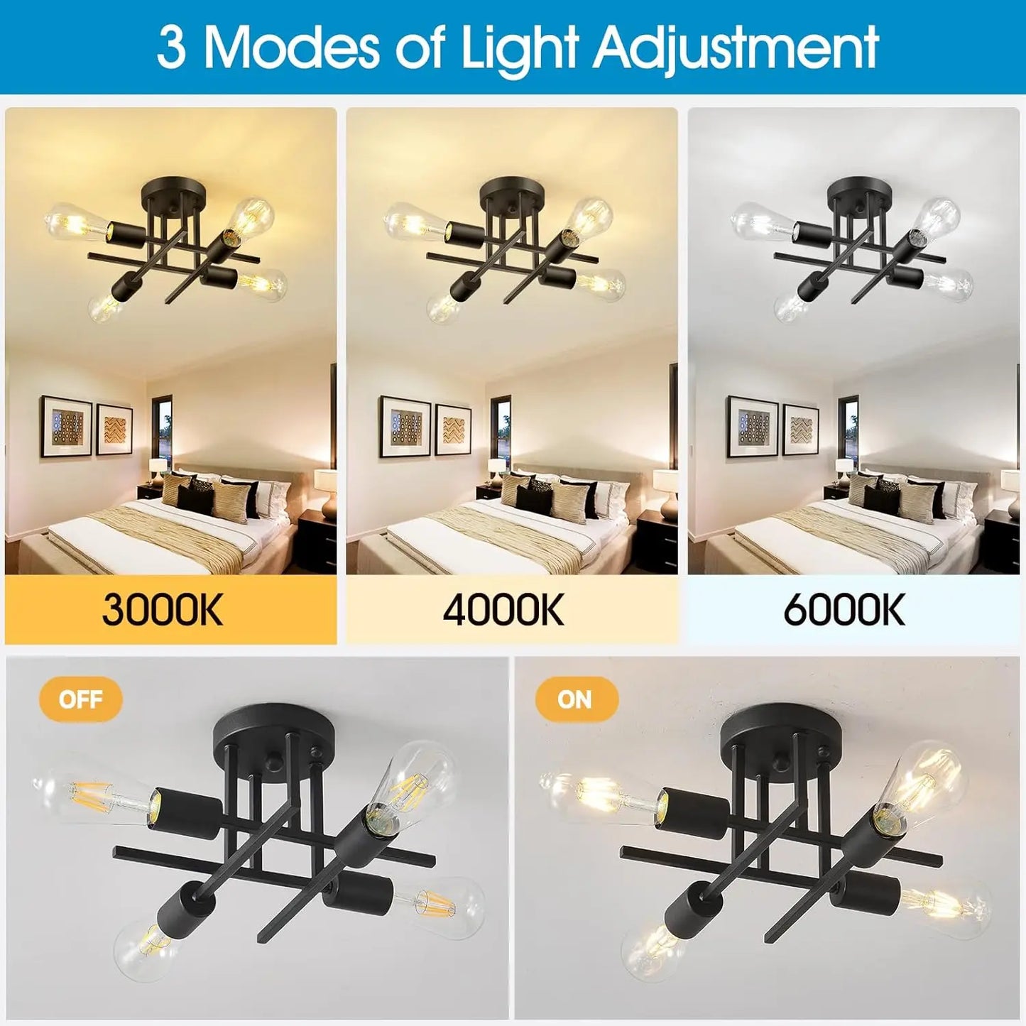 Modern 4-Light Matte Black Semi Flush Mount Ceiling Light Fixture with E26 Base Ceiling Lamp for Living Room Farmhouse Kitchen