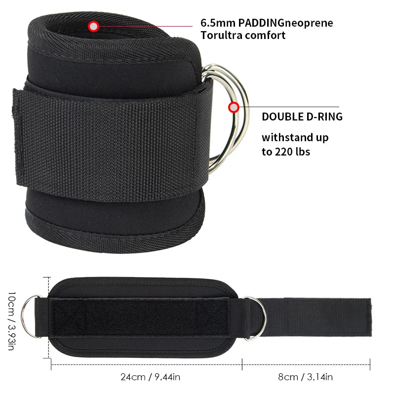2024  High Quality Polyester Fabric Ankle D Ring Straps Neoprene Padded Gym Sport Resistance Cable Machine Strips