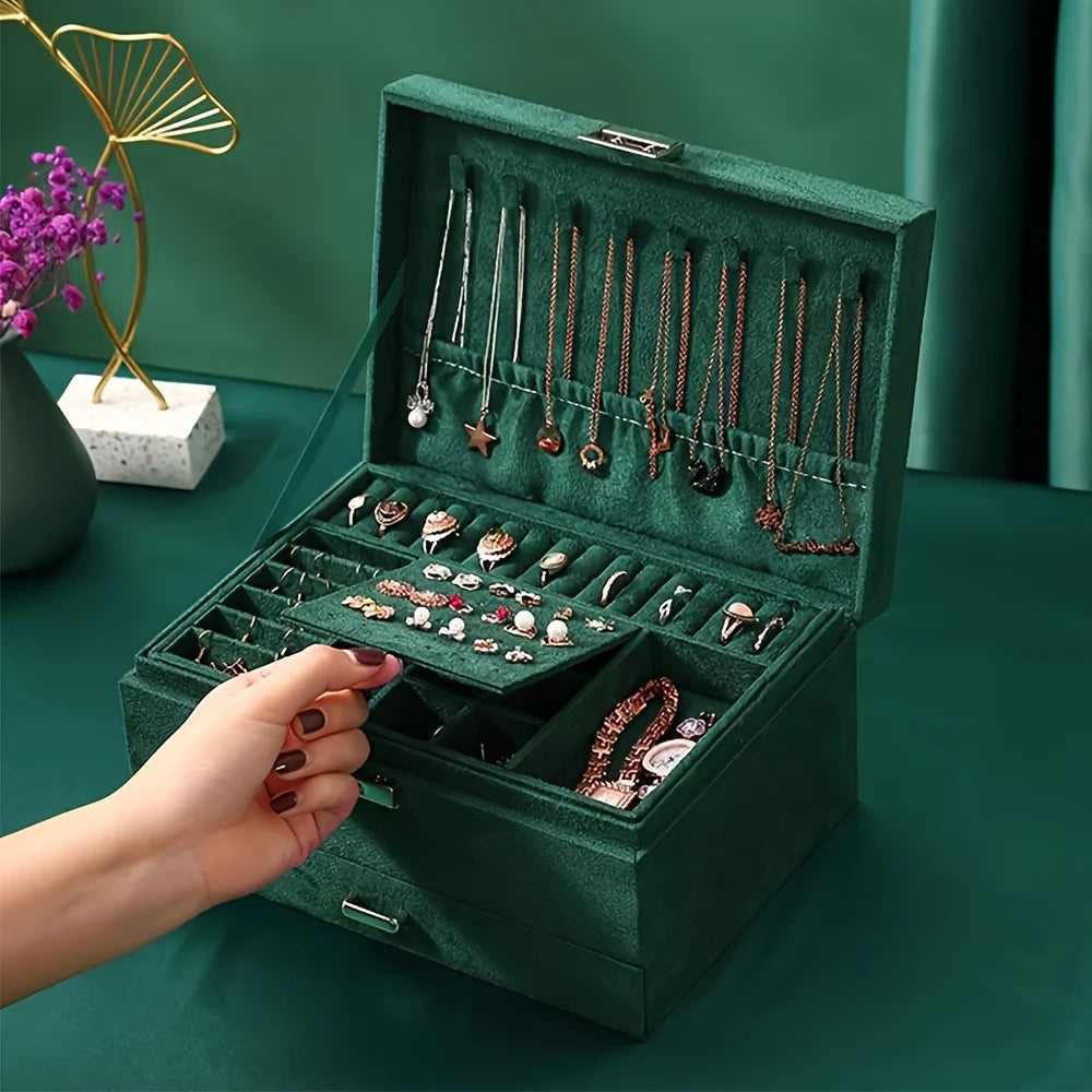 A Luxurious Dark Green Jewelry Storage Box, Designed Specifically Exquisite Three-tiered Drawer-style Jewelry Box