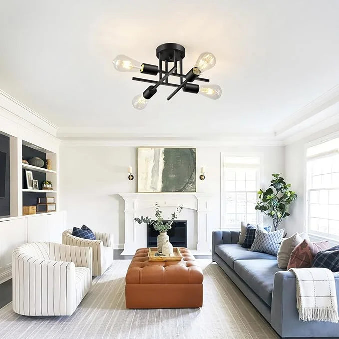 Modern 4-Light Matte Black Semi Flush Mount Ceiling Light Fixture with E26 Base Ceiling Lamp for Living Room Farmhouse Kitchen