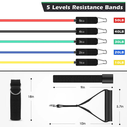 5 Levels Heavy Duty Adjustable Gym Fitness Workout Elastic 11pcs Latex Resistance Bands Tube Set