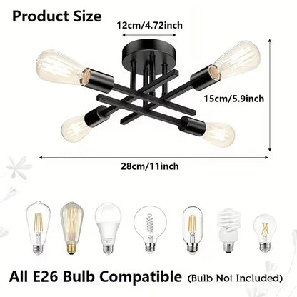 Modern Industrial Style Black 4-Bulb Flush Mount Ceiling Light Semi Flush Mount Lighting Fixture for Kitchen Hallway Laundry