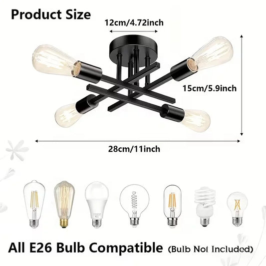 Modern Industrial Style Black 4-Bulb Flush Mount Ceiling Light Semi Flush Mount Lighting Fixture for Kitchen Hallway Laundry