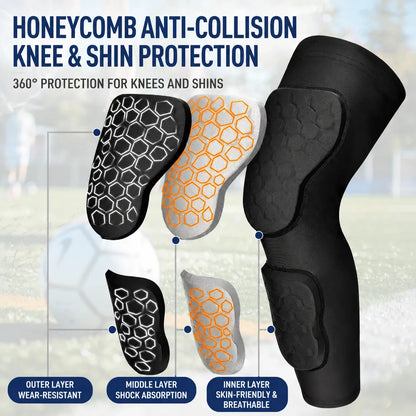Youth Long Compression Leg Sleeves with Honeycomb Pads Kids Shin Guard & Knee Protector Sleeves