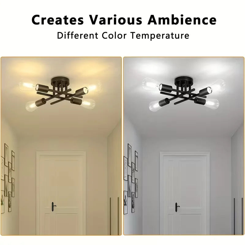 Modern Industrial Style Black 4-Bulb Flush Mount Ceiling Light Semi Flush Mount Lighting Fixture for Kitchen Hallway Laundry