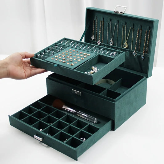 A Luxurious Dark Green Jewelry Storage Box, Designed Specifically Exquisite Three-tiered Drawer-style Jewelry Box