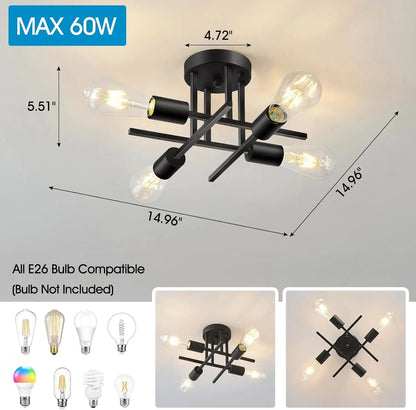 Modern 4-Light Matte Black Semi Flush Mount Ceiling Light Fixture with E26 Base Ceiling Lamp for Living Room Farmhouse Kitchen