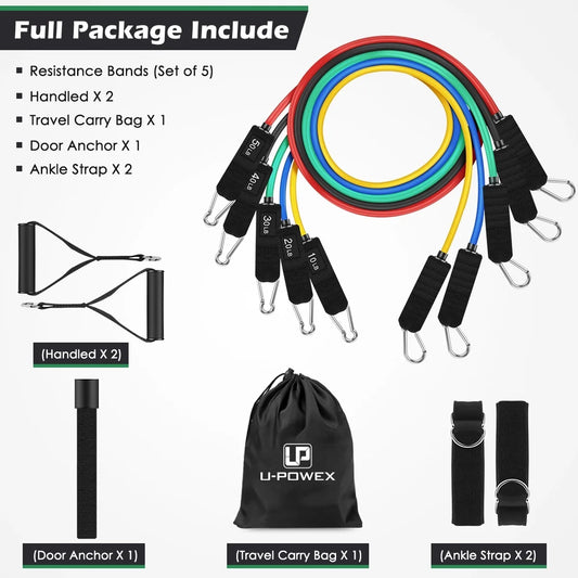 5 Levels Heavy Duty Adjustable Gym Fitness Workout Elastic 11pcs Latex Resistance Bands Tube Set