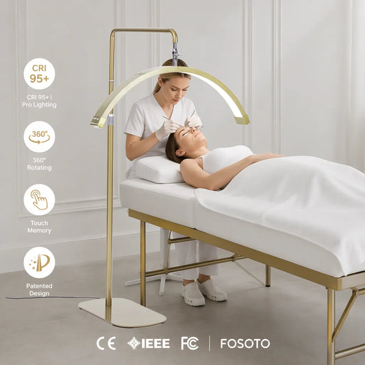 FOSOTO Oversea Warehouse LED Lash Ring Light for Beauty Salon Bed Artist Gold Half Moon LED Floor Lamp for Eyelash Extension Spa