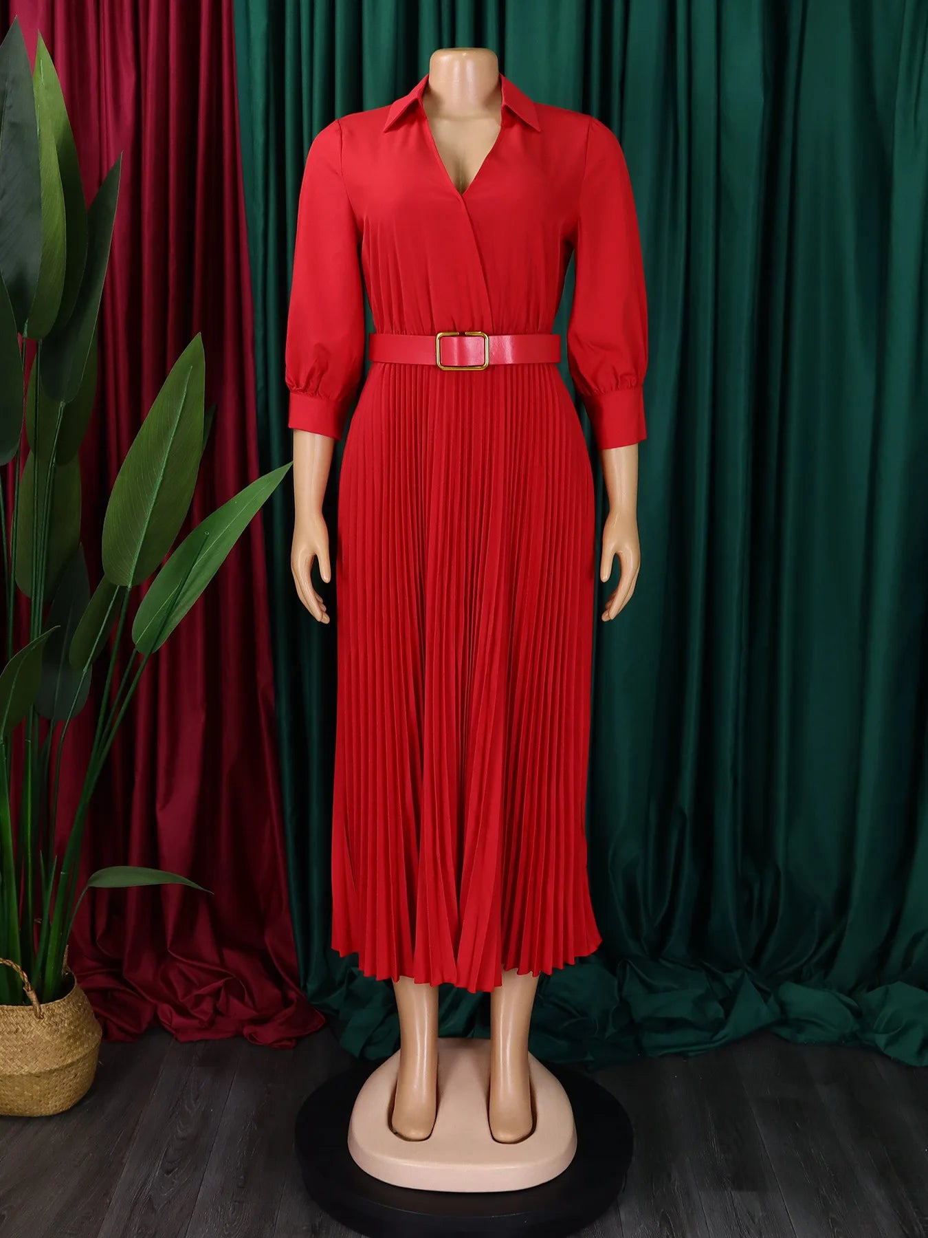 Women's Dress Professional Attire Casual and Elegant V-neck Long Sleeves Office Wear with Belt Plus Size Women's Dress