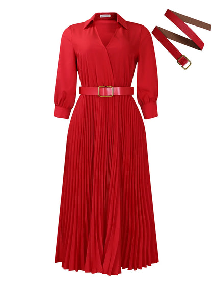 Women's Dress Professional Attire Casual and Elegant V-neck Long Sleeves Office Wear with Belt Plus Size Women's Dress