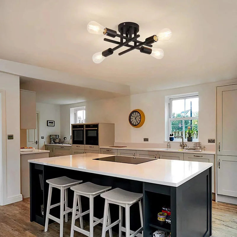 Modern Industrial Style Black 4-Bulb Flush Mount Ceiling Light Semi Flush Mount Lighting Fixture for Kitchen Hallway Laundry