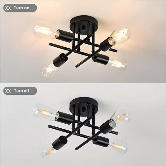 Modern 4-Light Matte Black Semi Flush Mount Ceiling Light Fixture with E26 Base Ceiling Lamp for Living Room Farmhouse Kitchen