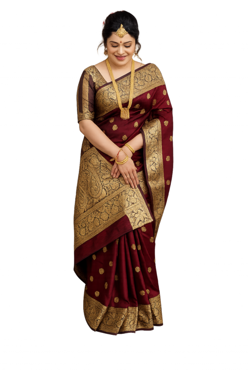 Wine Banarasi Silk Saree – Gold Zari, Wedding & Festive Wear