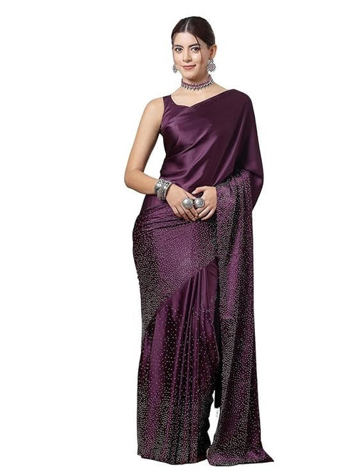 Satin Silk Hot Fixing Stone Work Saree with Unstitched Blouse
