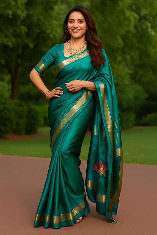 Women's  Kanjivaram Pure Soft Silk Handloom Saree-Teal-D23